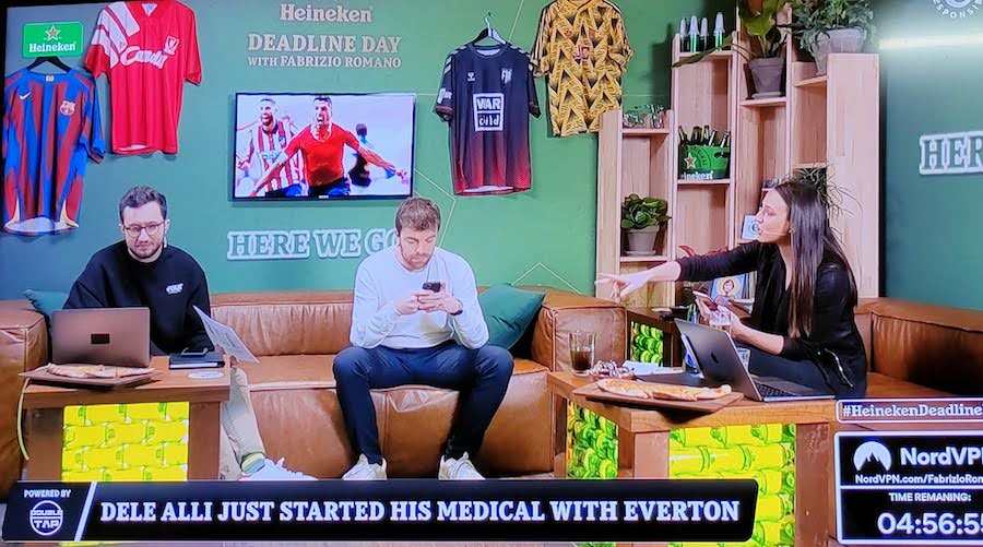 Semra, Fabrizio Romano on his phone, and Francesco Porzio on his computer discussing European winter football market transfer deals